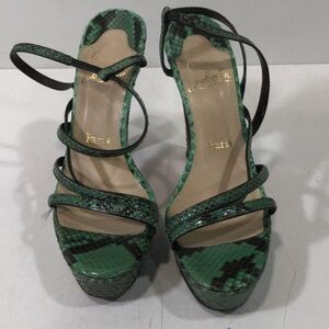 Women’s Christian Louboutin Green Snake Skin Strappy Platform Sandals Size 38